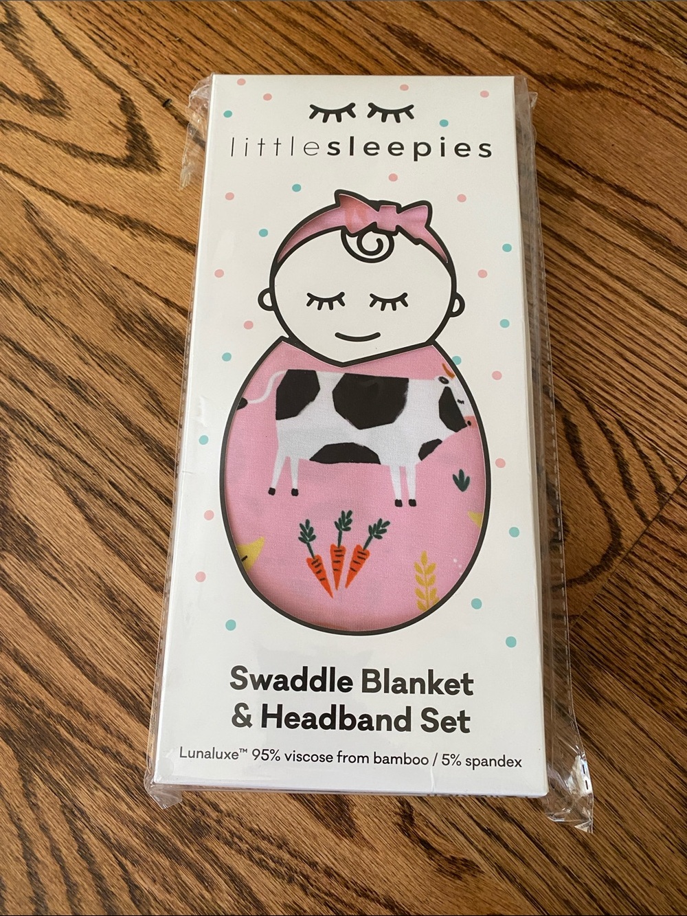 Little Sleepies Pink Cow/Farm Pattern Swaddle Blanket and Headband Set